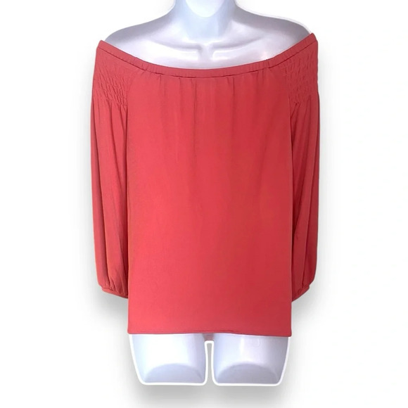 Ann Taylor Coral Off-Shoulder Top Size Small - Smocked Detail & Flowing Sleeves - Picture 8 of 9